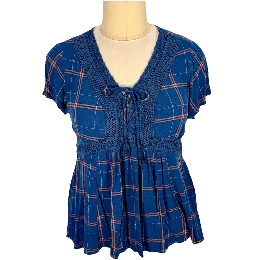 Torrid Plaid Peplum Top Blouse Woman's 2X Blue Pink Lace Up V-Neck